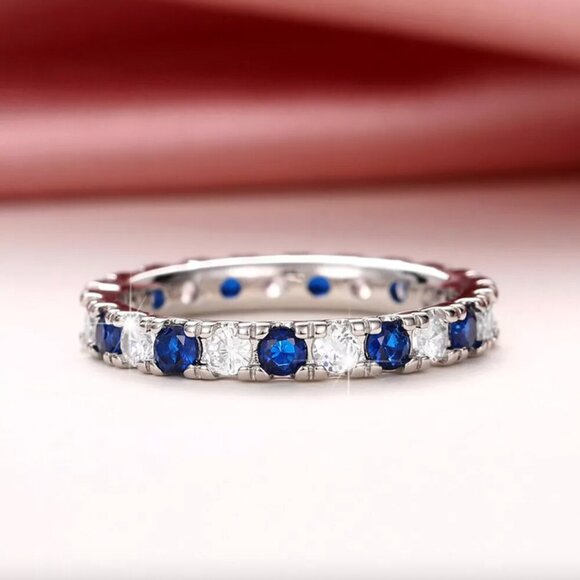 NEW 925 Sterling Silver Sapphire Diamond Ring Thin Ring Band - Picture 5 of 7